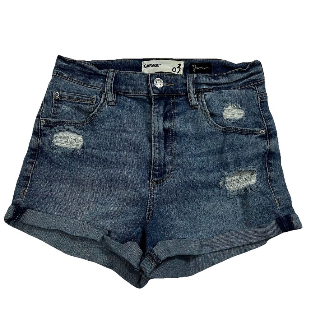 Garage Ultra High Rise Denim Shorts Distressed Cuffed Blue Denim 2" Inseam